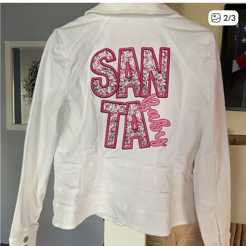 White House Black Market SANTA Baby White Denim Jacket L NWT Pink Christmas Tree